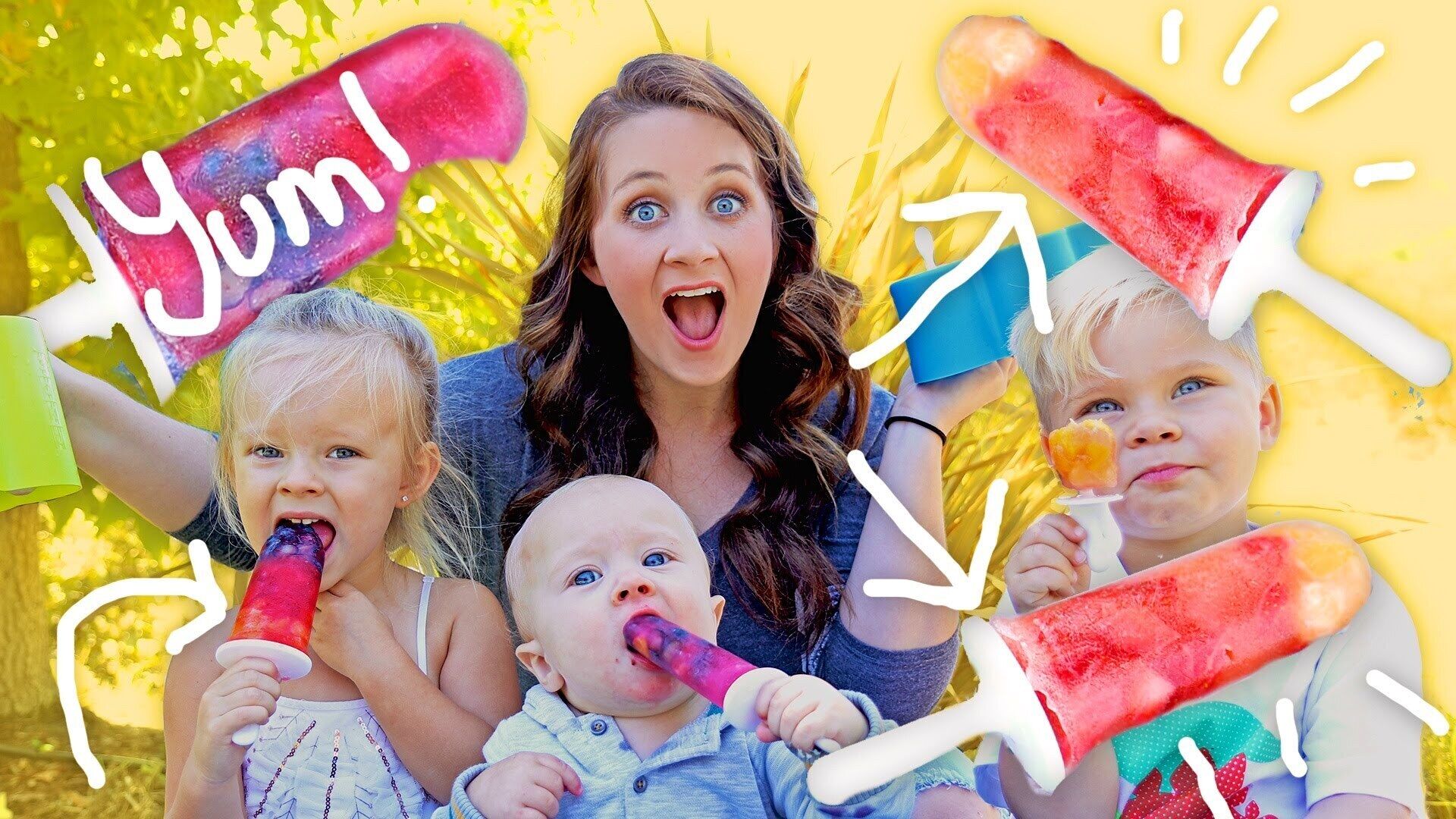 A family with children holding ice pops, with a bright yellow background and the word "Yum!" visible.
