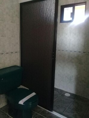 Shower, free toiletries, slippers, towels