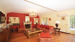 Smart TV, fireplace, books, video library