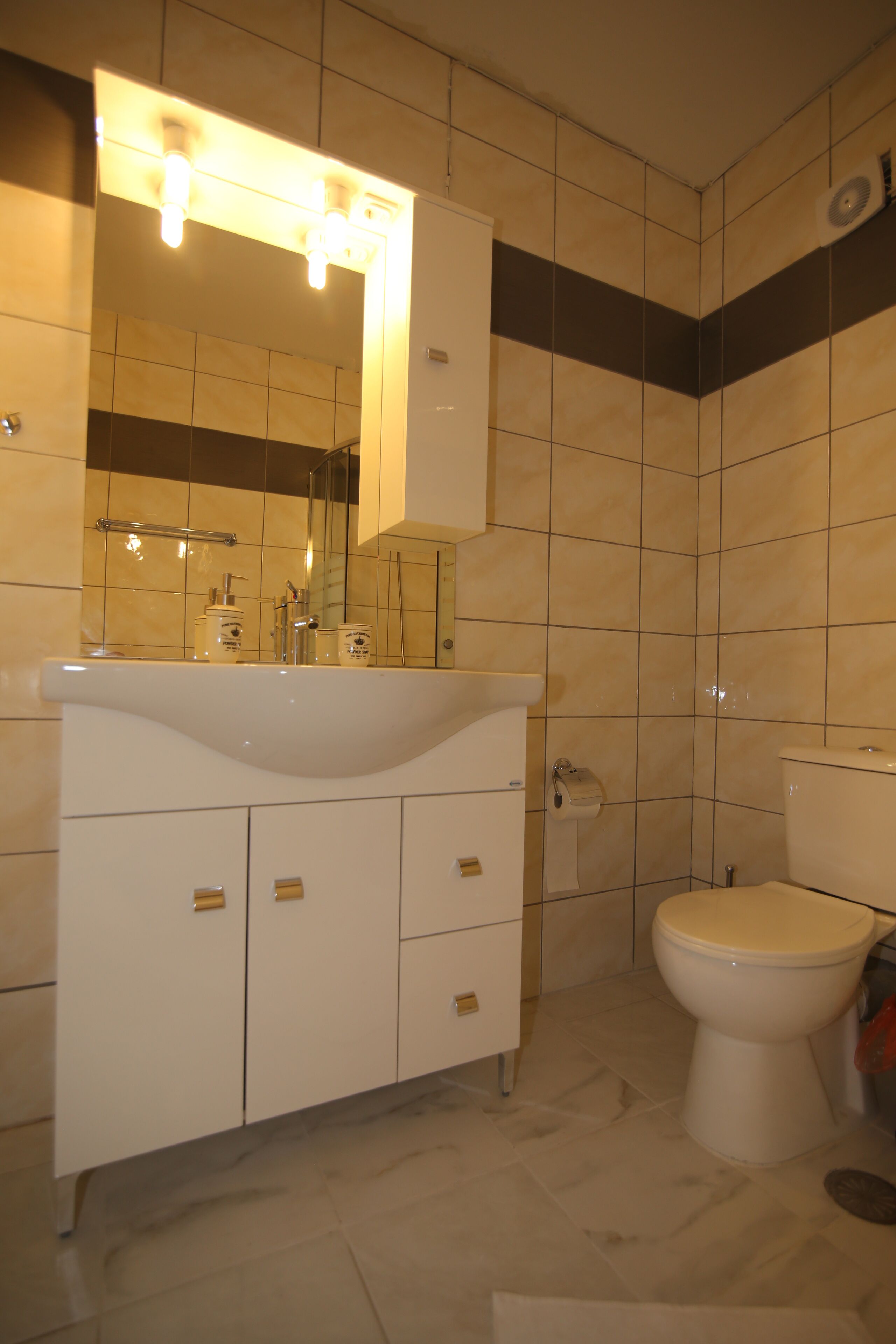 A bathroom with a white vanity, a mirror, a toilet, and a shower area.