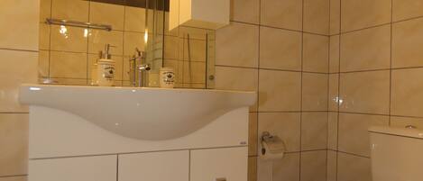 A bathroom with a white vanity, a mirror, a toilet, and a shower area.