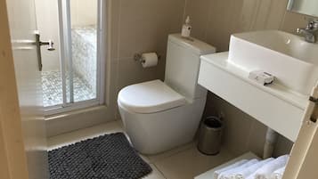 Apartamento básico, 3 quartos | Banheiro | Banheira e chuveiro separados, chuveiro com efeito de chuva
