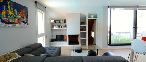 TV, fireplace