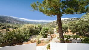 A view of a mountainous landscape with a pine tree in the foreground, a stone pathway, and a distant view of a valley. - Villa Karmilos - A family Villa near the cretan sea and the mountains (Sissi)