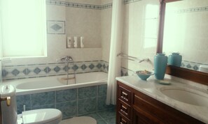 Combined shower/bathtub, hair dryer, towels, soap