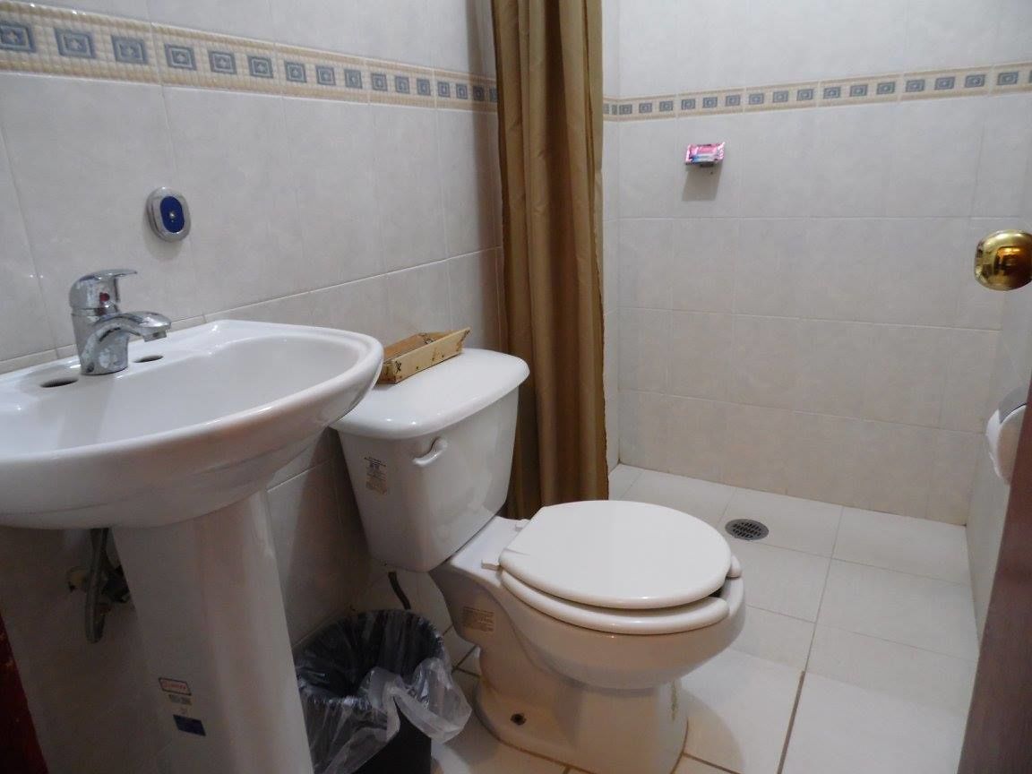 A bathroom with a sink, toilet, and shower curtain.