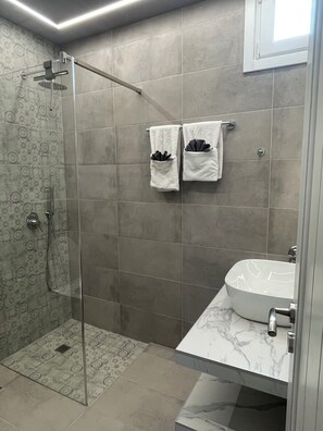 Hair dryer, towels, soap, toilet paper