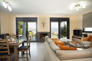 Smart TV, fireplace, DVD player, books
