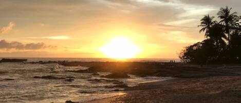 A beach at sunset with the sun low on the horizon, palm trees, and rocky outcrops.