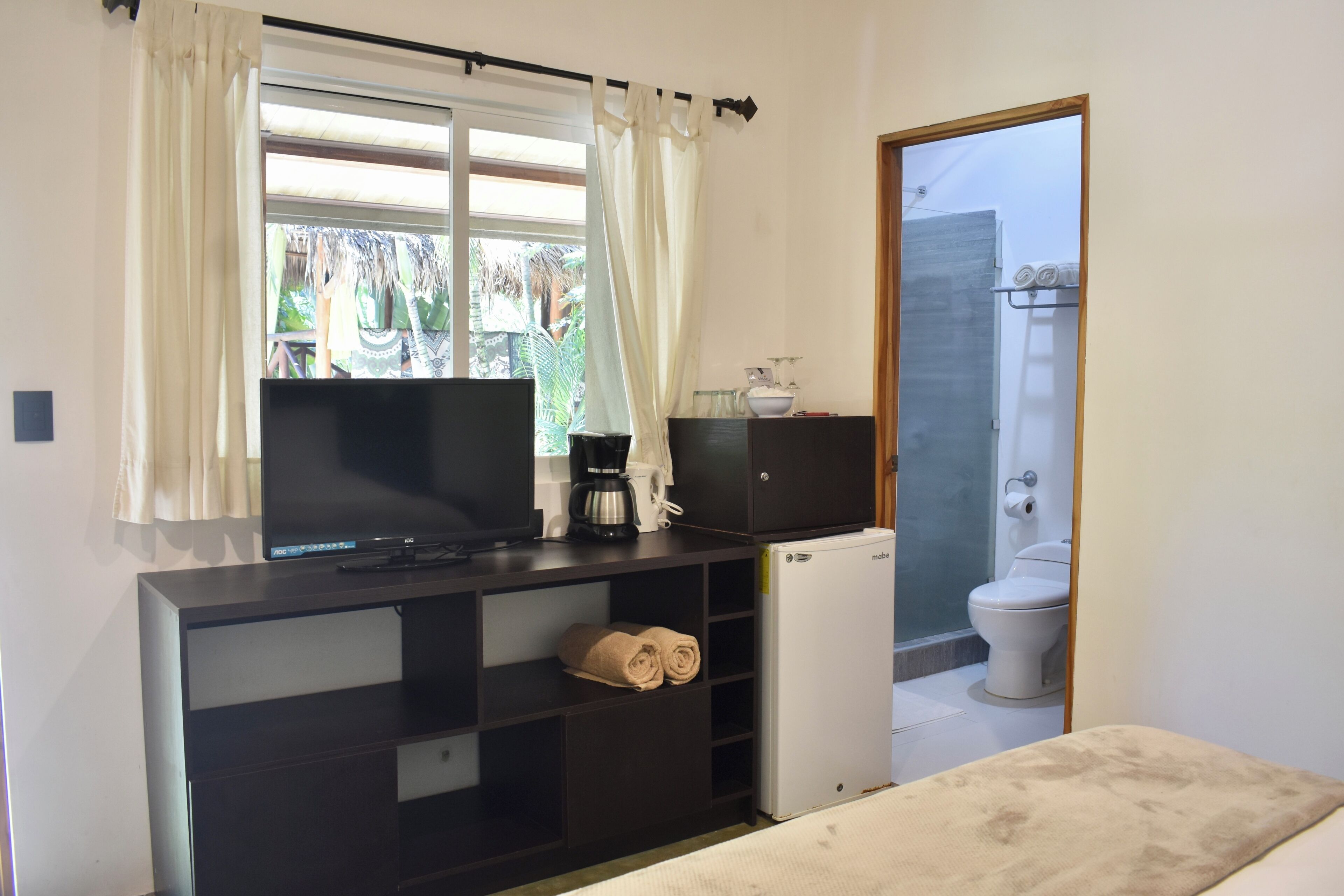 A compact room with a TV, a coffee maker, a mini-fridge, and a toilet.