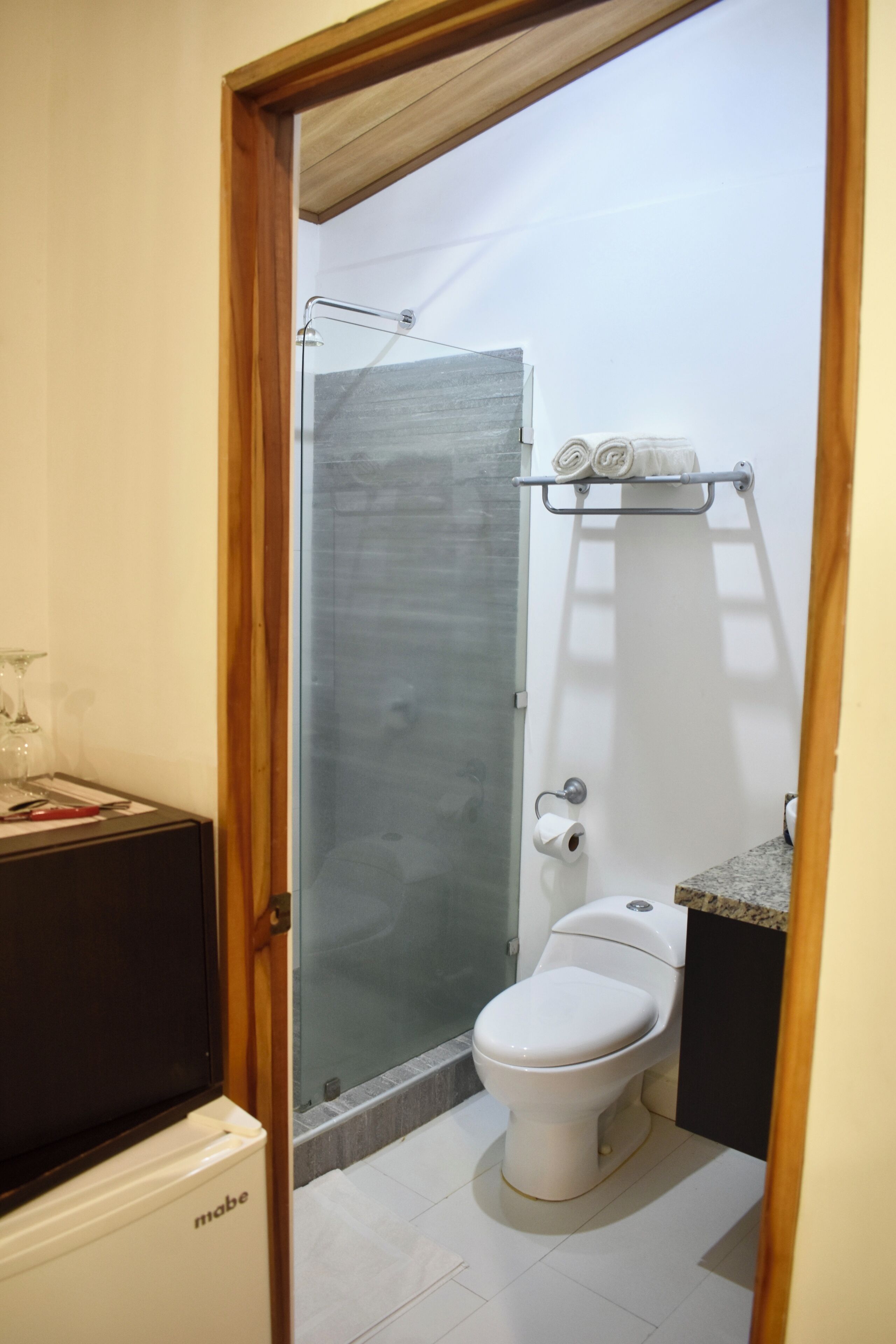 Un baño pequeño con ducha, inodoro y una pequeña encimera.