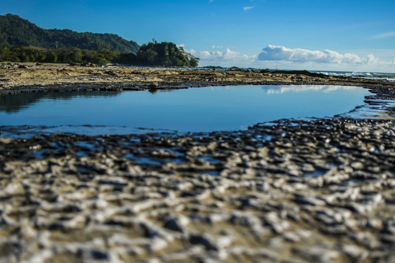 Una playa con una masa de agua tranquila rodeada de terreno rocoso y una colina boscosa al fondo.