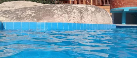 Outdoor pool, pool umbrellas, pool loungers