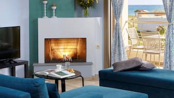 Smart TV, fireplace, books