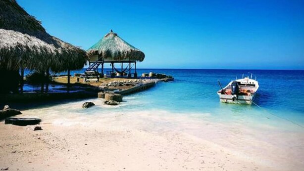 A beach with a thatched hut and a boat docked near the shore. - Dahlandia (Isla Mucura)