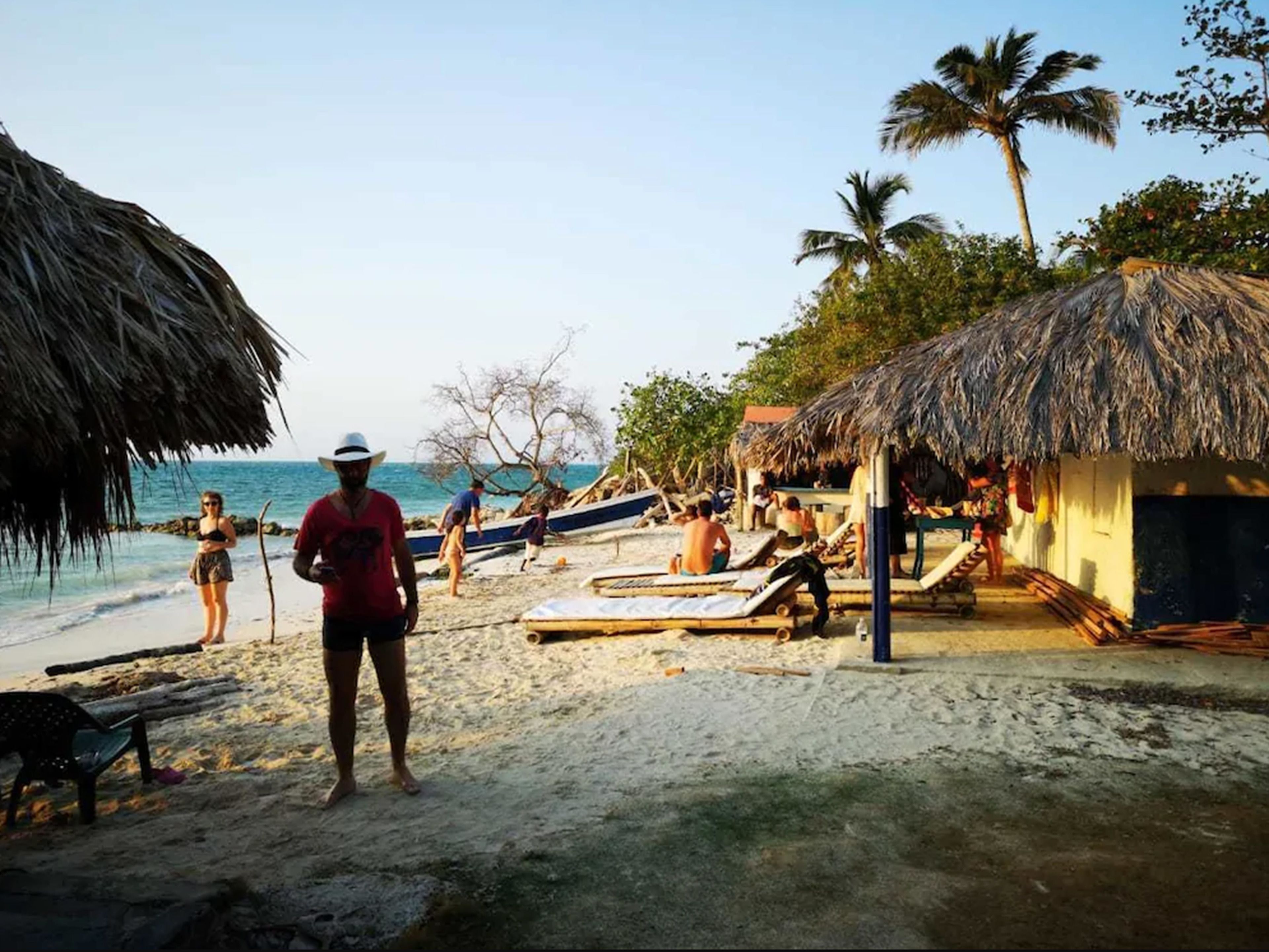 A beach with thatched-roof huts, a sandy shore, and palm trees.