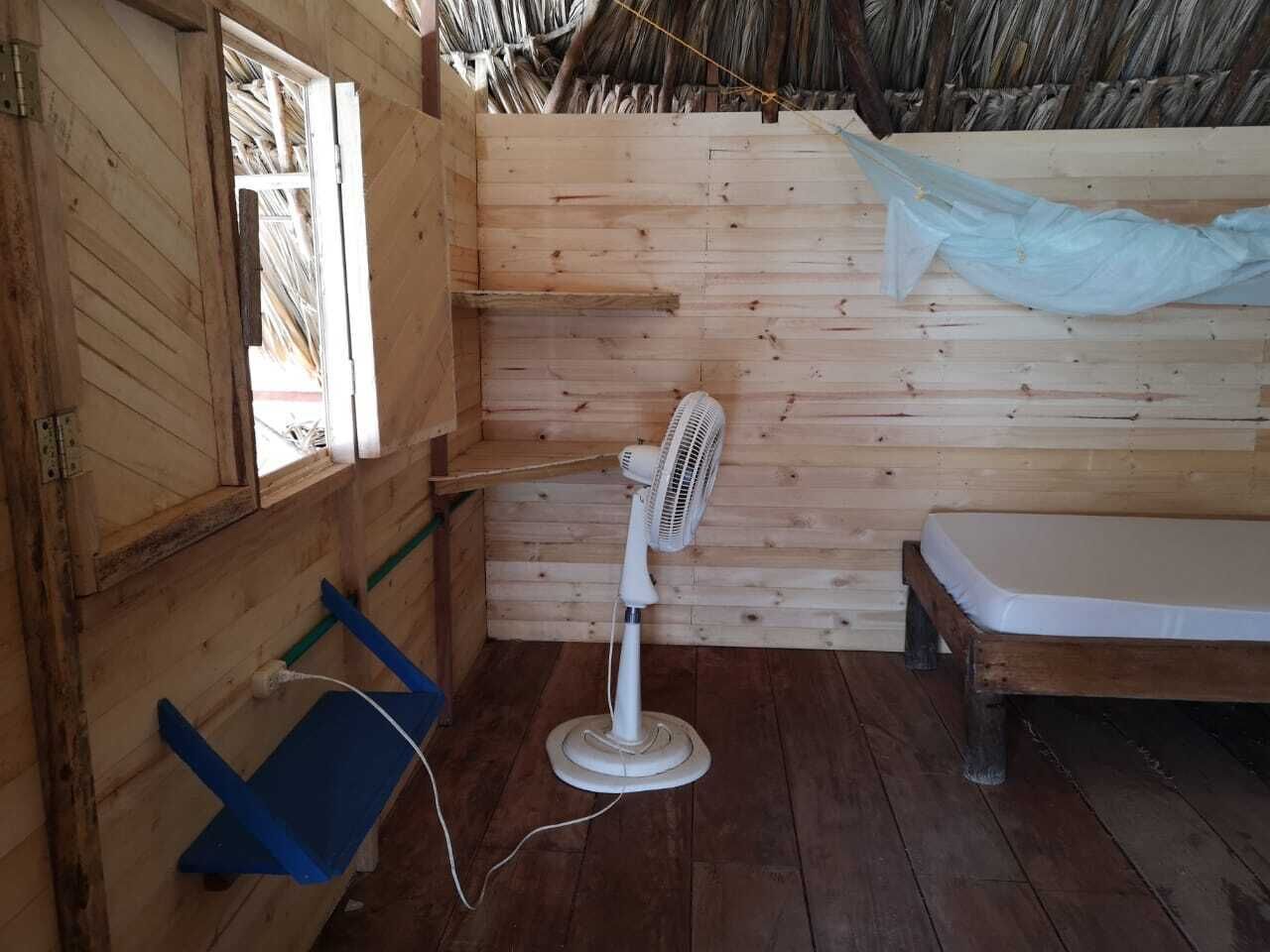 A wooden room with a bed, a standing fan, and a blue chair.