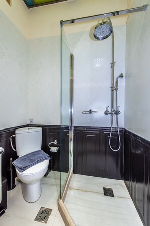 Duschwanne, Haartrockner, Handtücher, Toilettenpapier