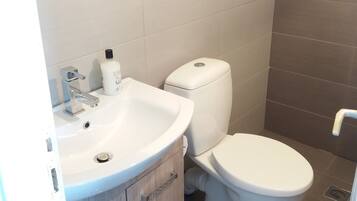 Duschwanne, Haartrockner, Seife, Shampoo