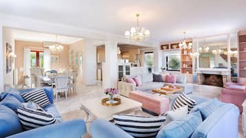 TV connectée, cheminée, livres, chaßne hi-fi