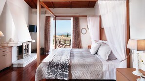 A bedroom with a bed, bedside table, and a view of the outdoors. - Villa Vanelia Mare - Guest Favorite Elegant Stay! Authentic Greek Hospitality! (Χανιά)