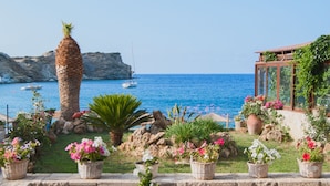 A coastal view with a stone wall, potted plants, and a clear blue sea.
