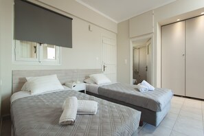 Two single beds with grey bedding and white pillows, a bedside table and lamp, and a large mirror.