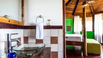 Shower, rainfall showerhead, hair dryer, towels