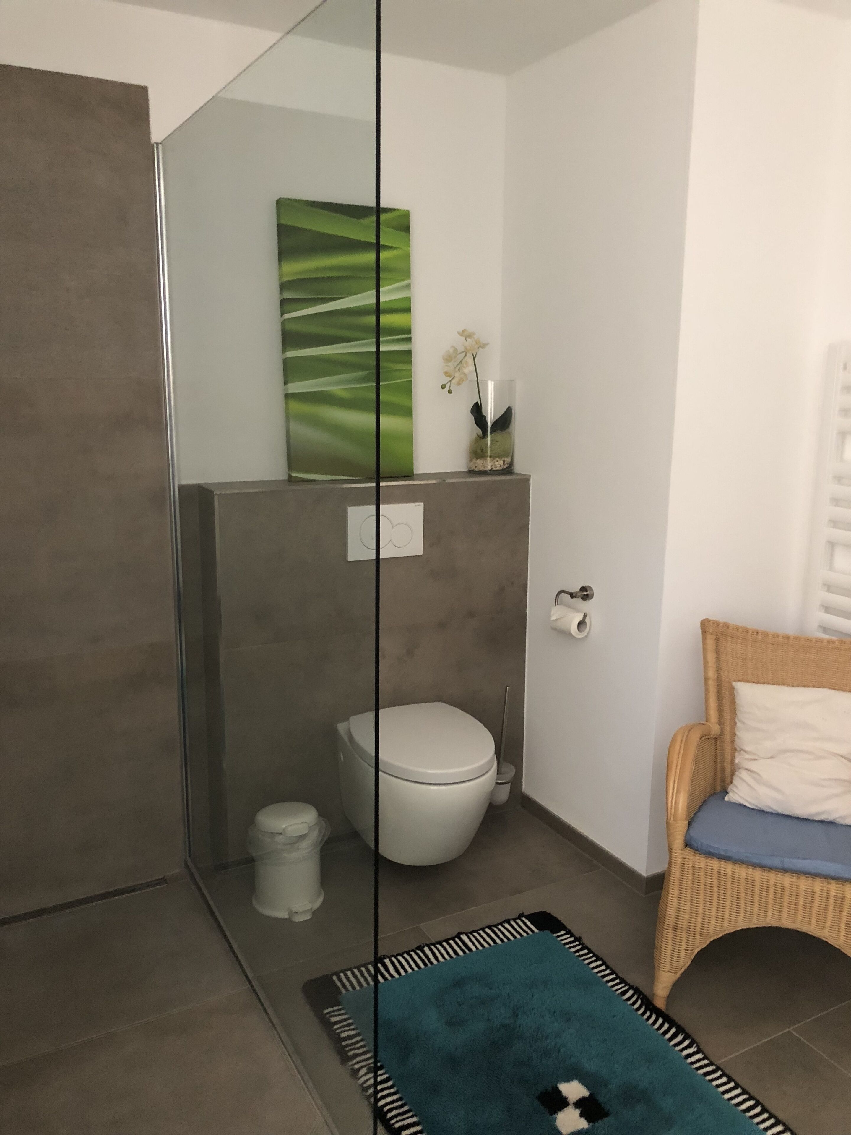 Douche, sèche-cheveux, serviettes fournies, savon