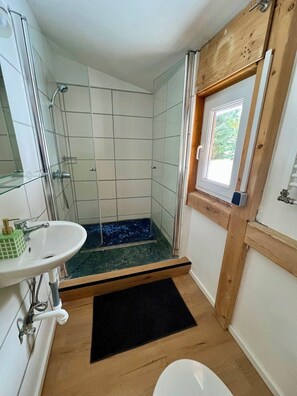 Regadera, toallas, jabón, papel de baño