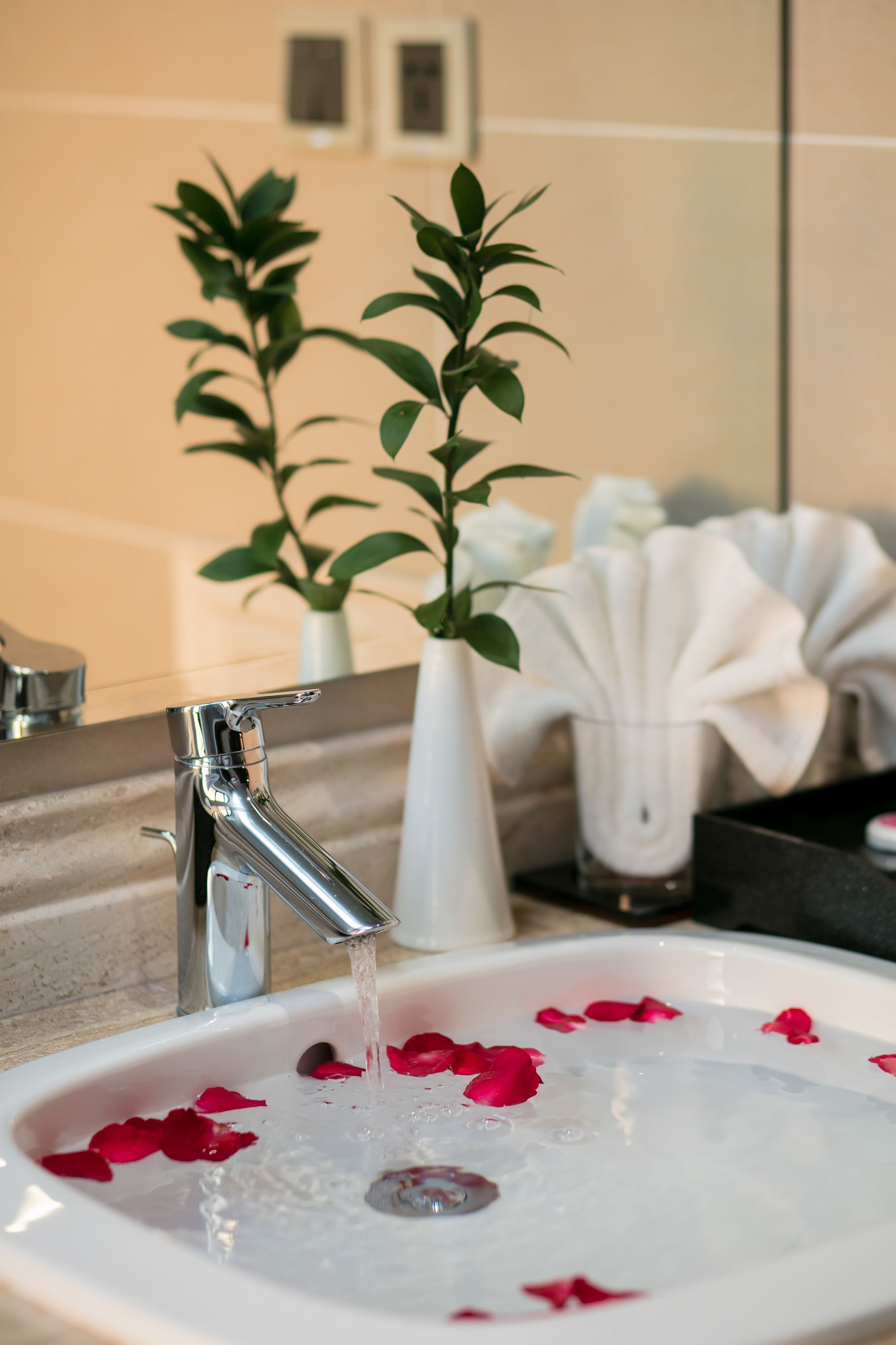Un lavabo de bany amb aigua corrent, pètals de rosa i una planta en test.