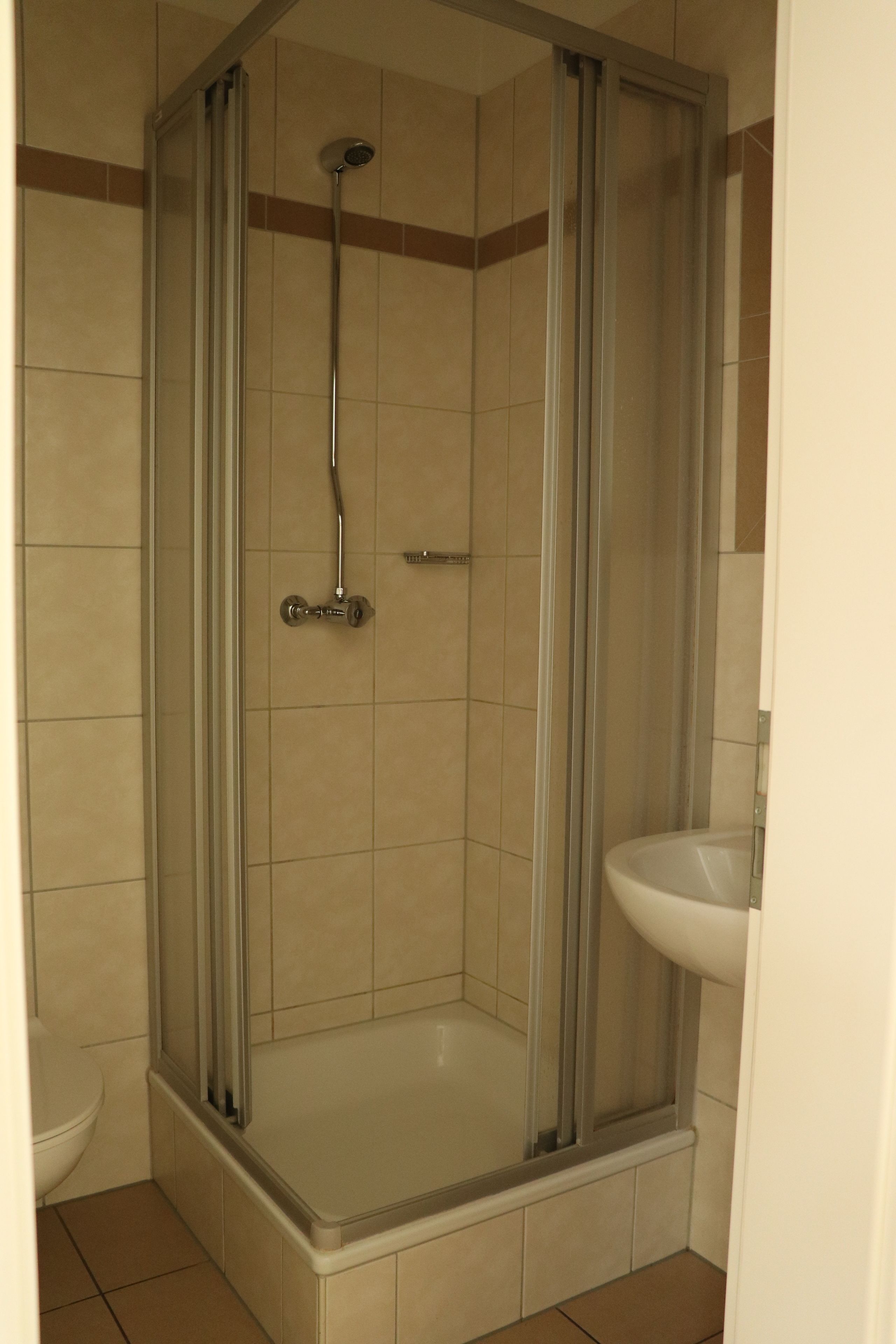 A shower enclosure with a glass door, a showerhead, and a sink to the right.