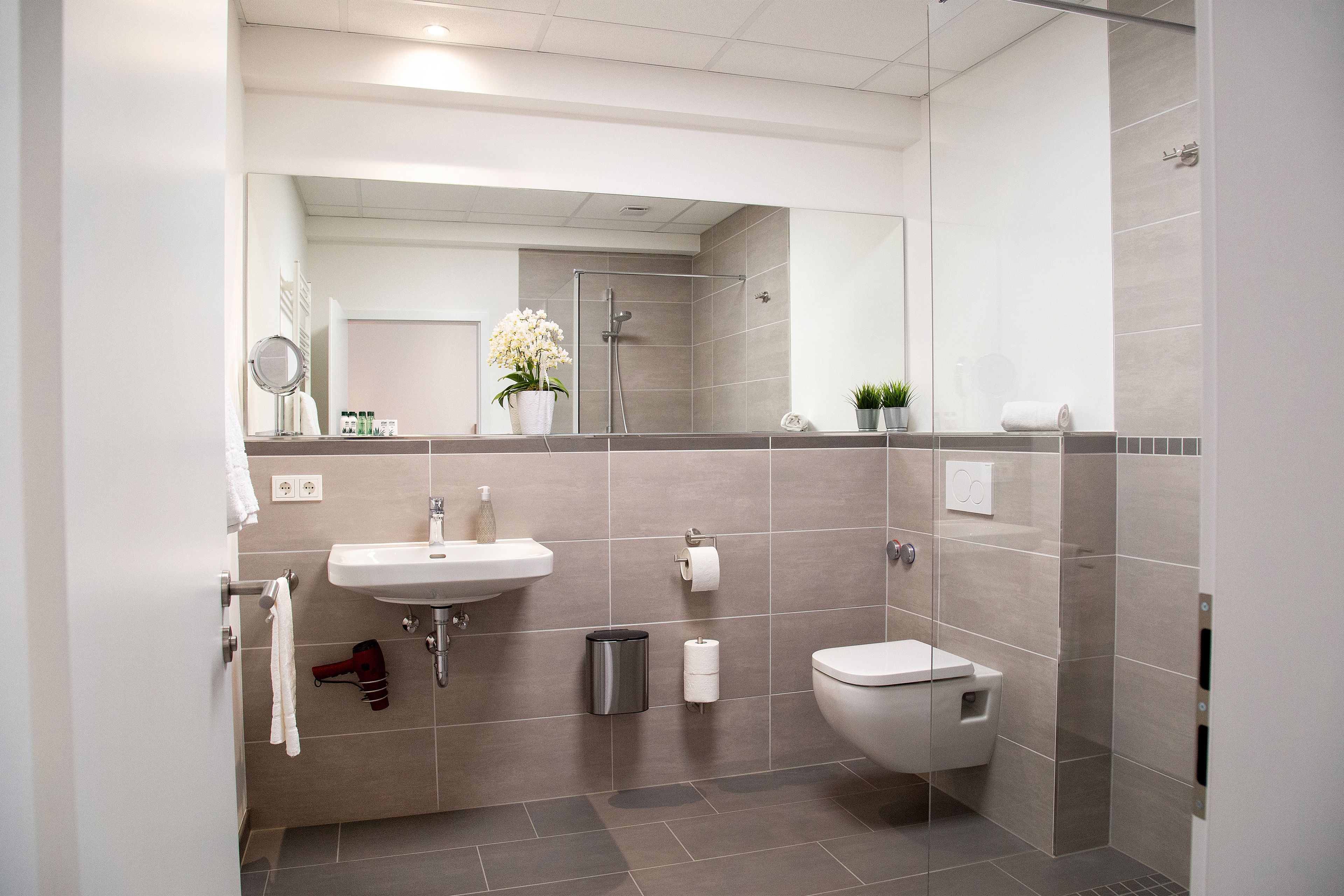 shower, free toiletries, hair dryer, towels