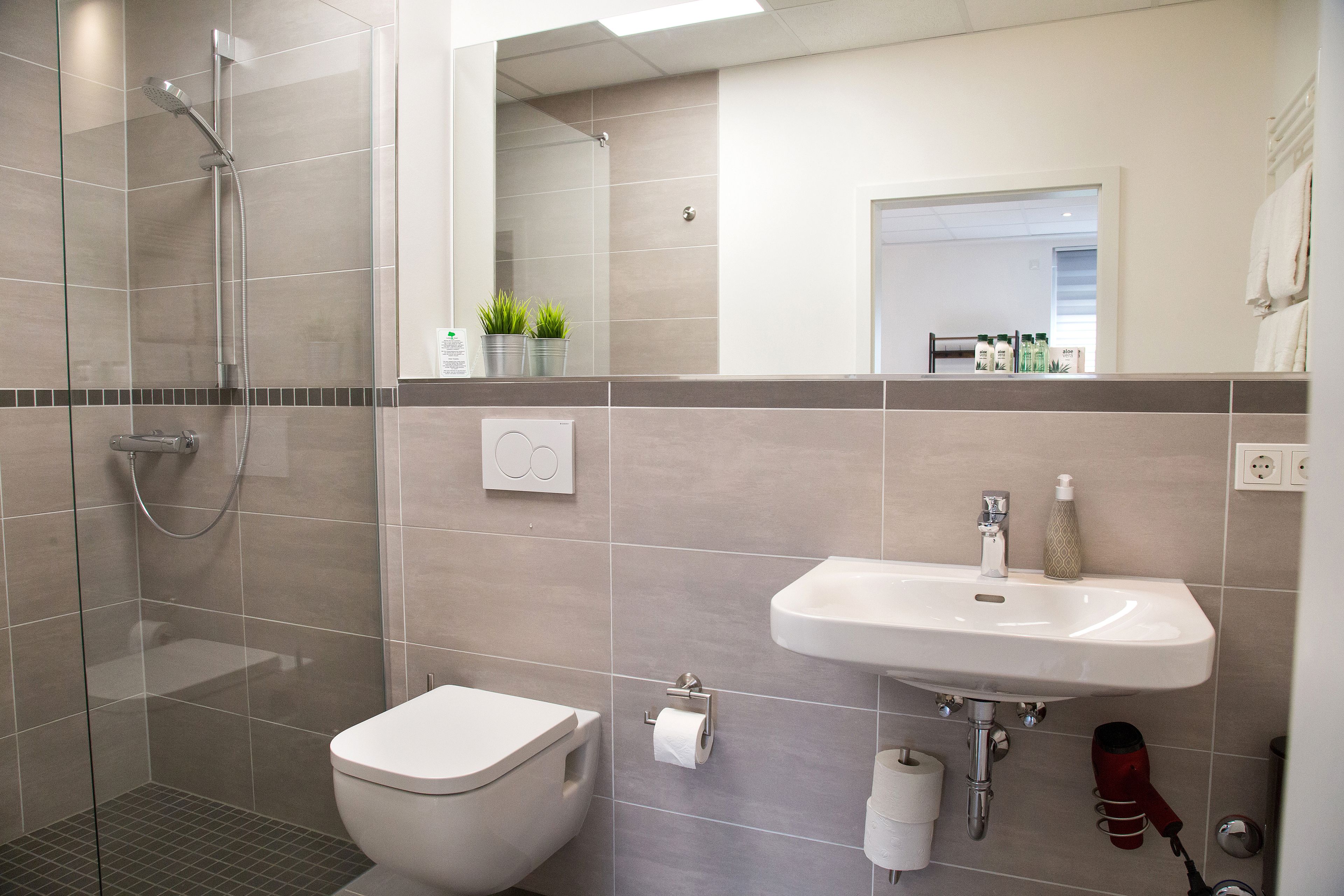 shower, free toiletries, hair dryer, towels