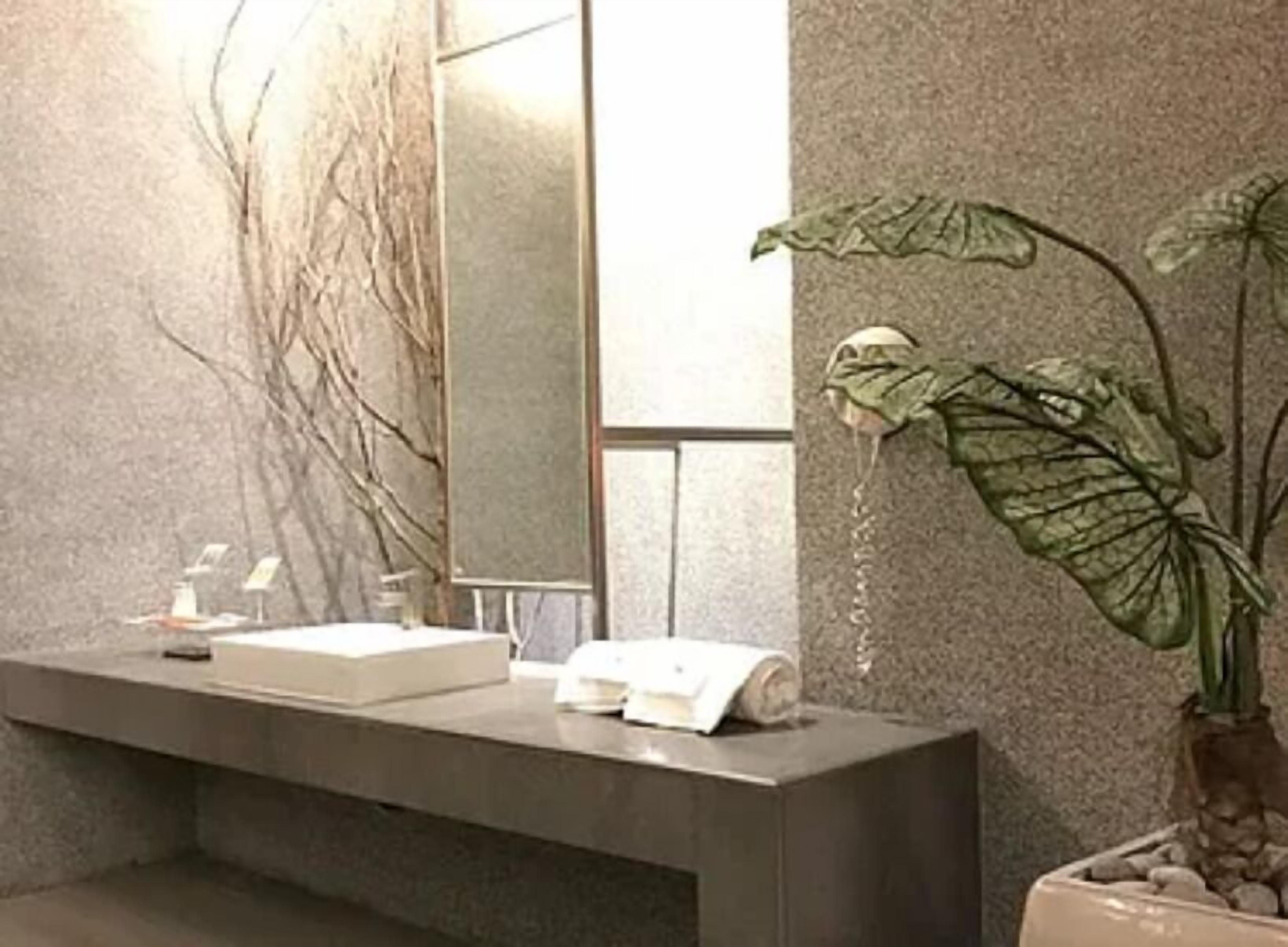 Een badkamer met een granieten aanrechtblad, een spiegel en een potplant.