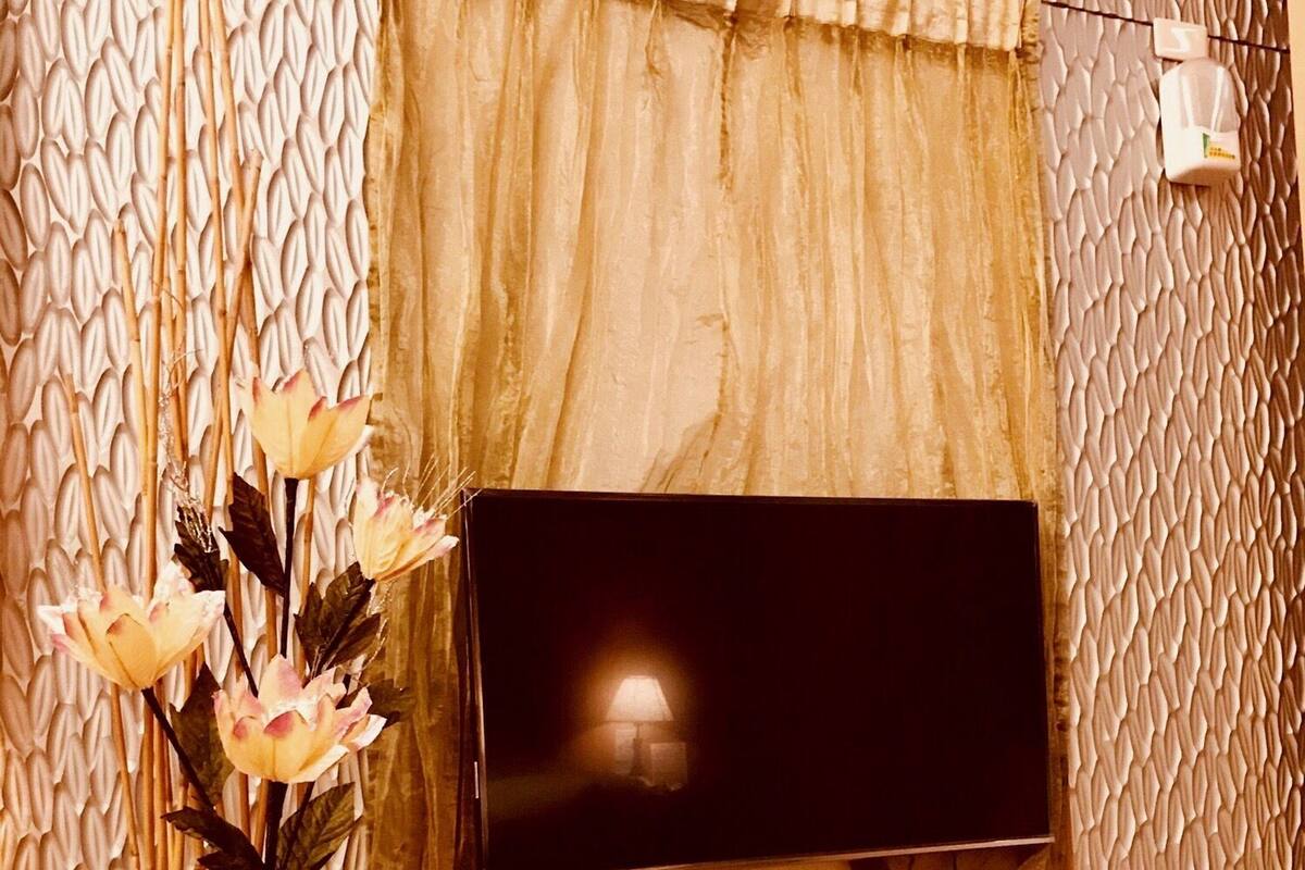 A flat-screen TV mounted on a wall with a textured pattern, a potted plant with flowers, and a wooden floor.