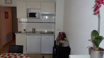 Een koelkast, een magnetron, een kookplaat, een vaatwasser