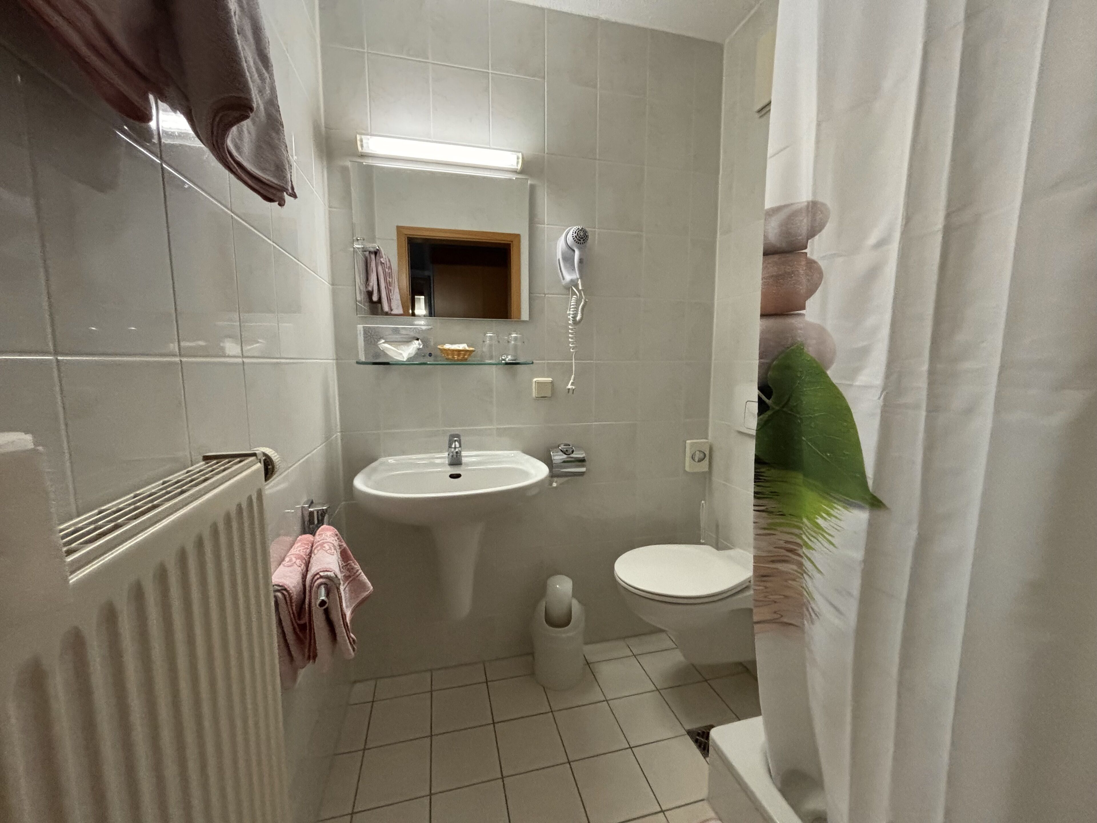 A bathroom with a white sink, toilet, and shower. There is a towel rack with towels, a mirror, and a shelf with toiletries.