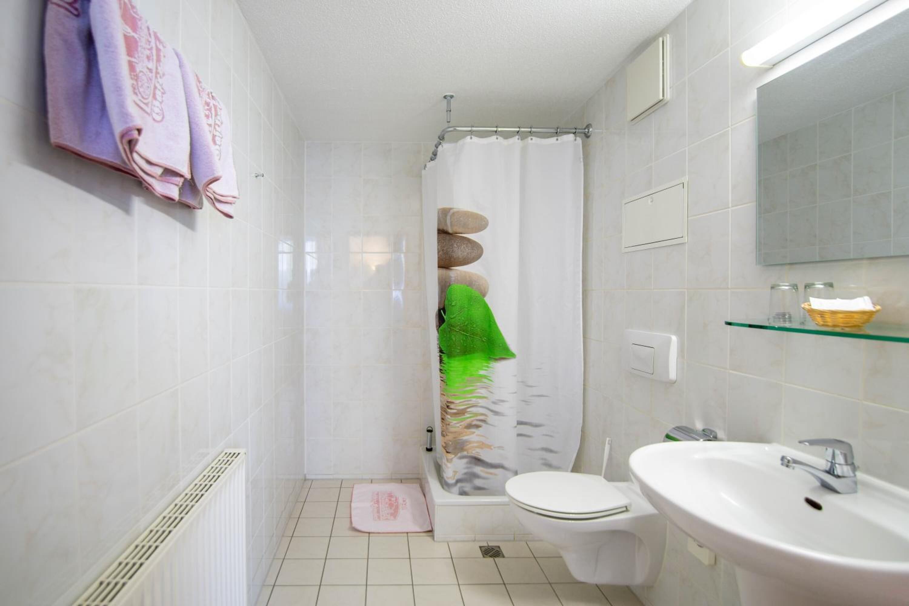 Een badkamer met douche, toilet en wastafel.