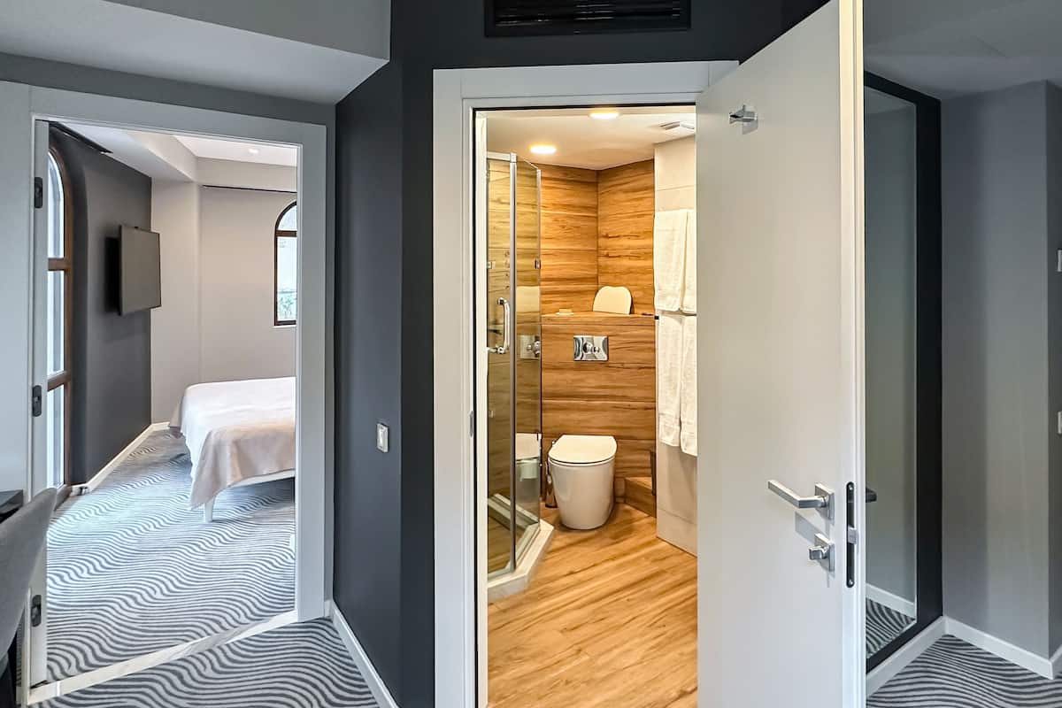 A modern hotel room with a walk-in closet, a bathroom with a wooden vanity, and a bed with a zebra-patterned rug.