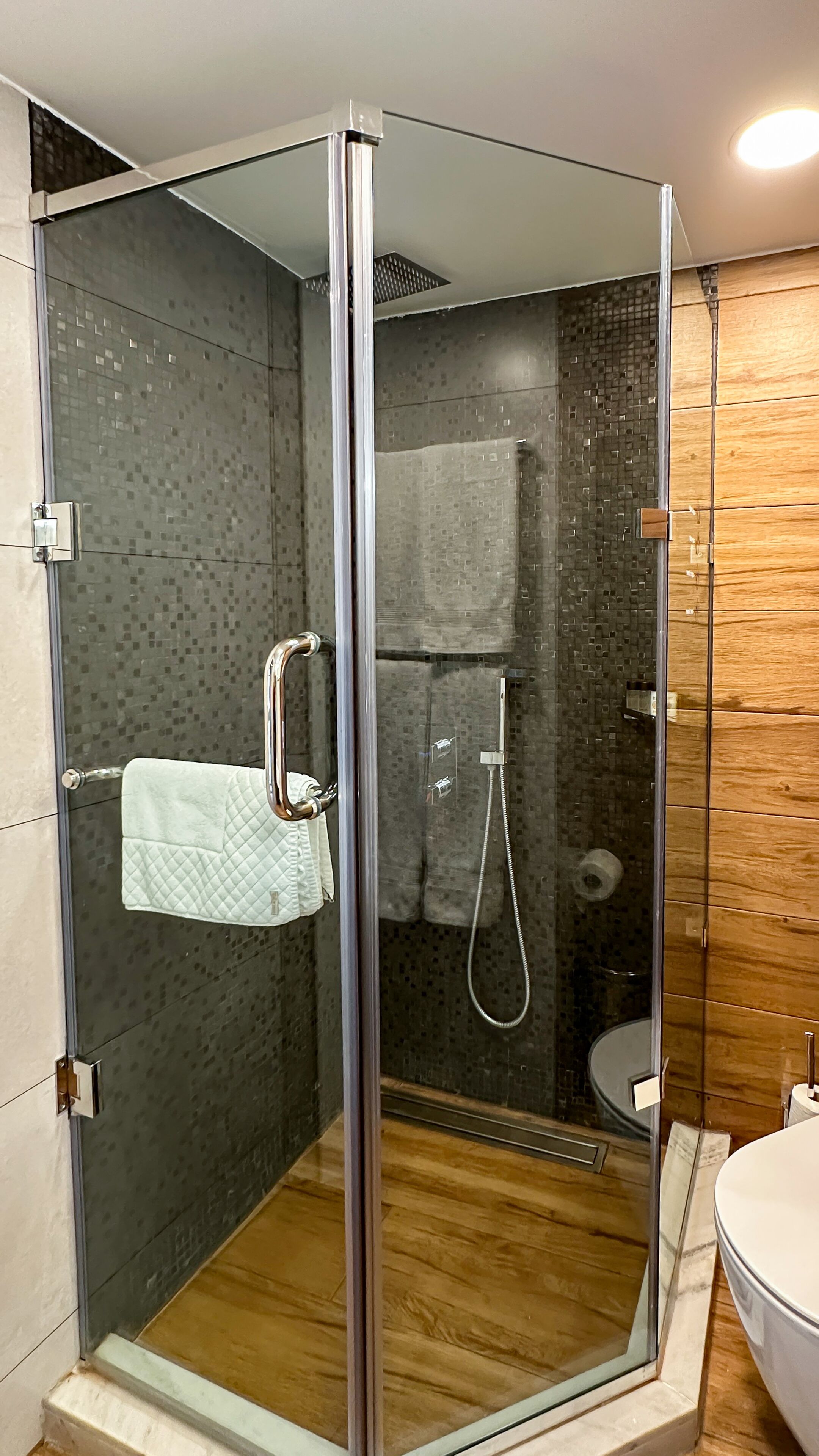A modern shower with a glass door, a towel rack, and a wooden floor.