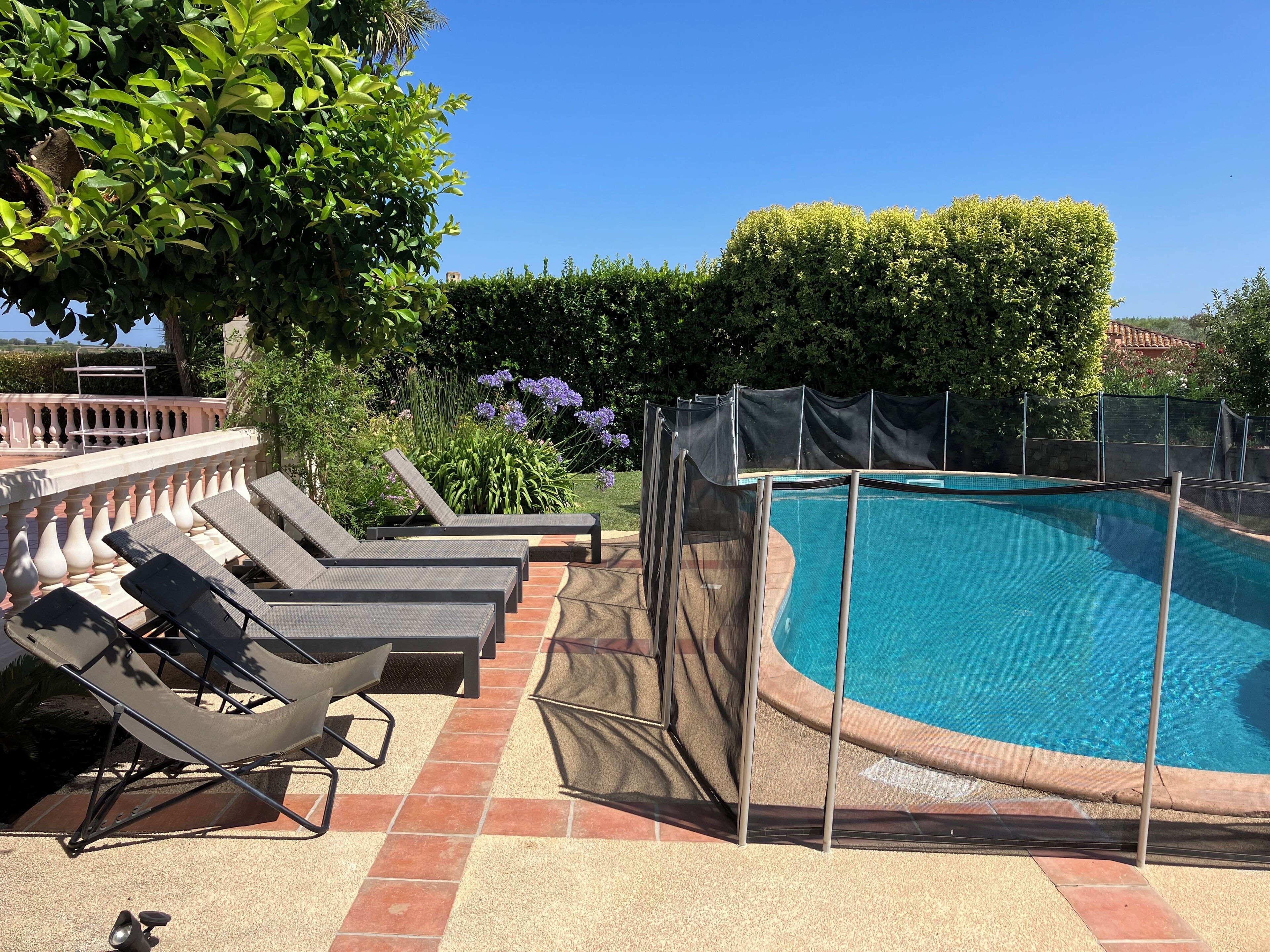 Una piscina con cubierta, rodeada por un seto y una pérgola.