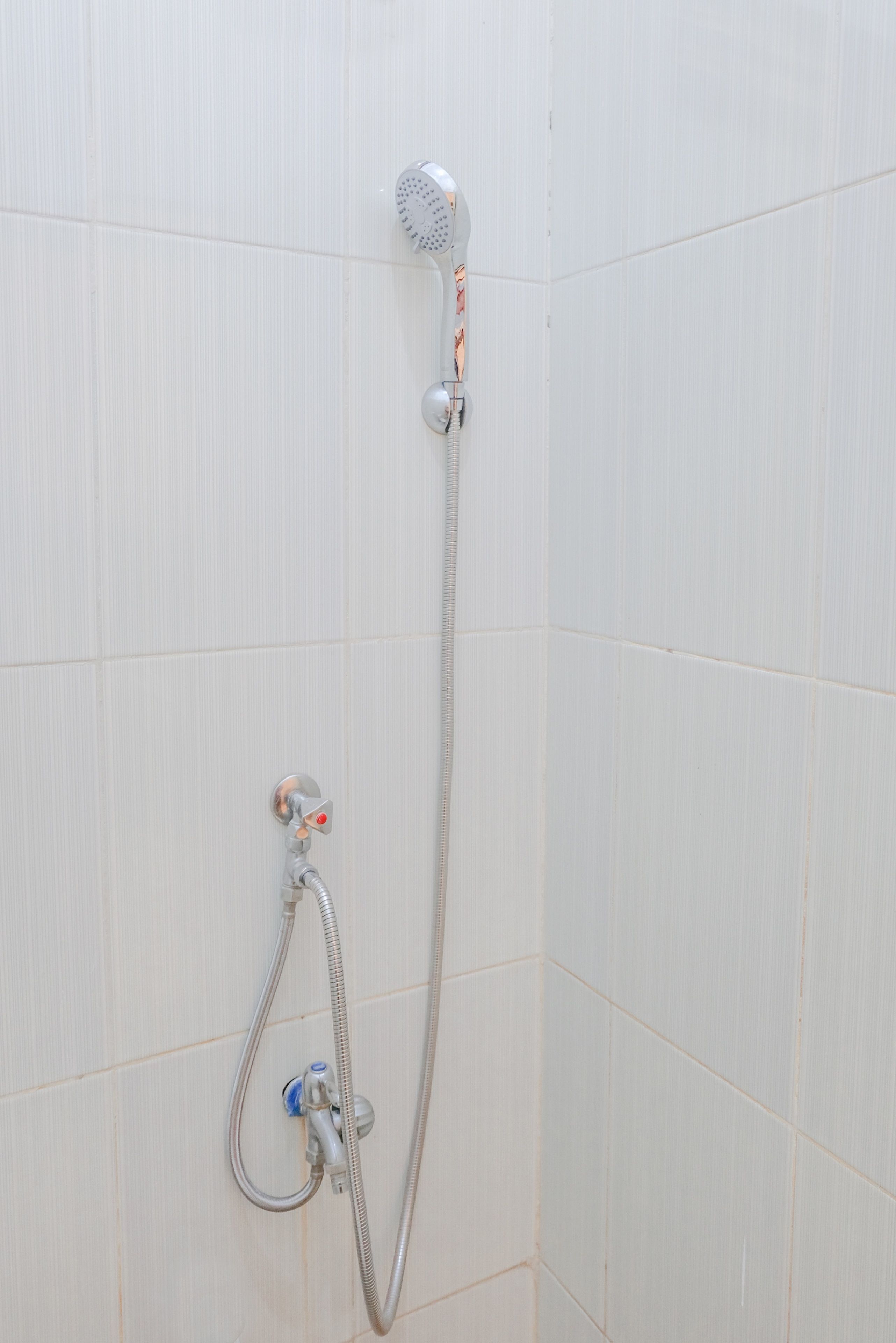 A shower with a handheld showerhead and a handheld hose.