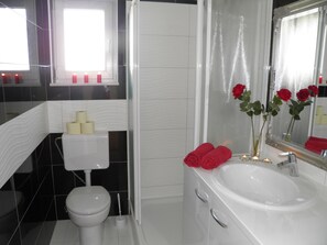 Deluxe Apartment | Bathroom | Shower, hair dryer, towels, soap