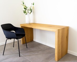 Desk, laptop workspace, blackout curtains, free WiFi