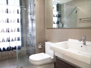 Shower, hair dryer, bidet, towels