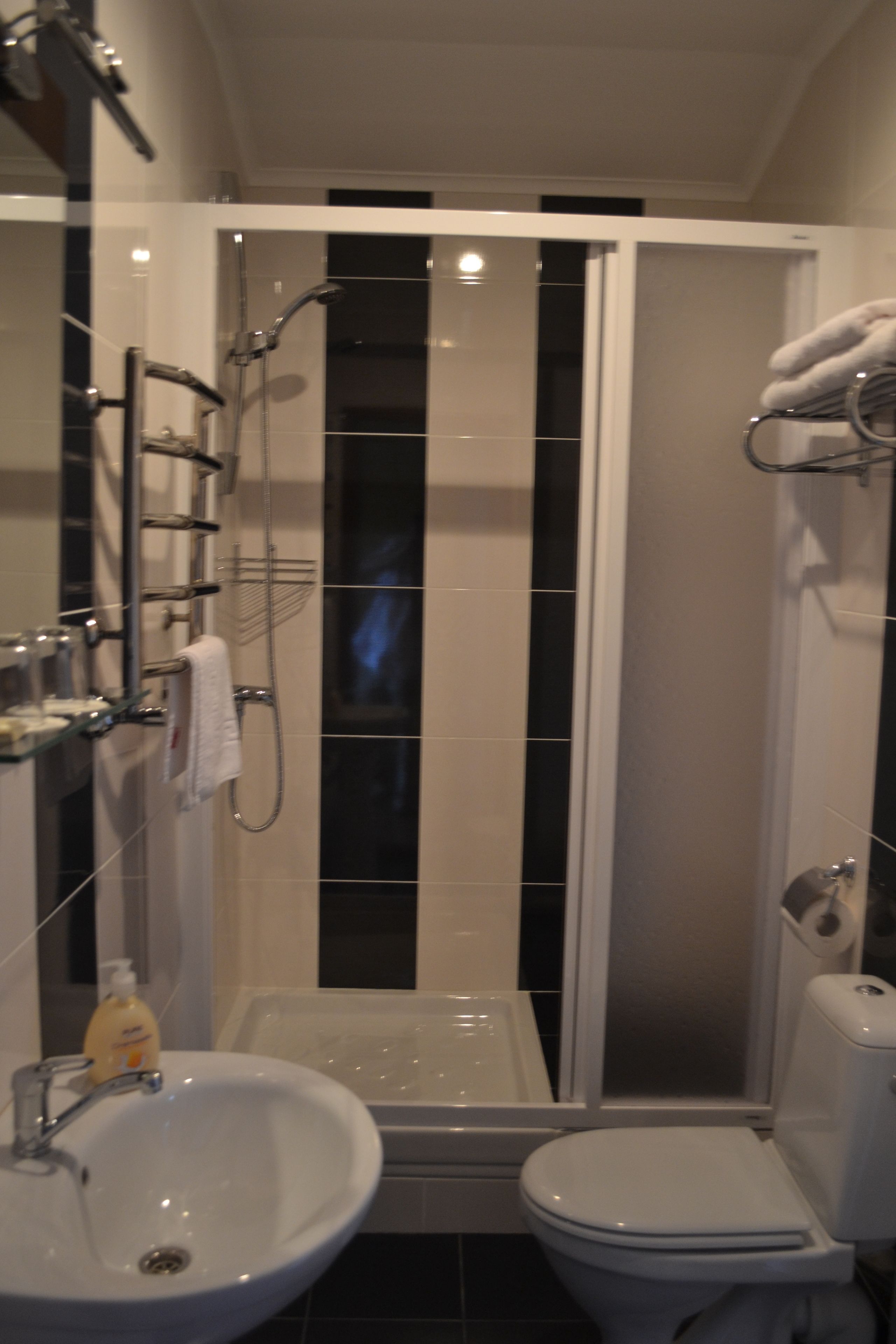 Et moderne badeværelse med et glasafskærmet brusebad, en hvid vask og et toilet.
