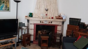 Un salon avec une cheminée, un téléviseur et un canapé.