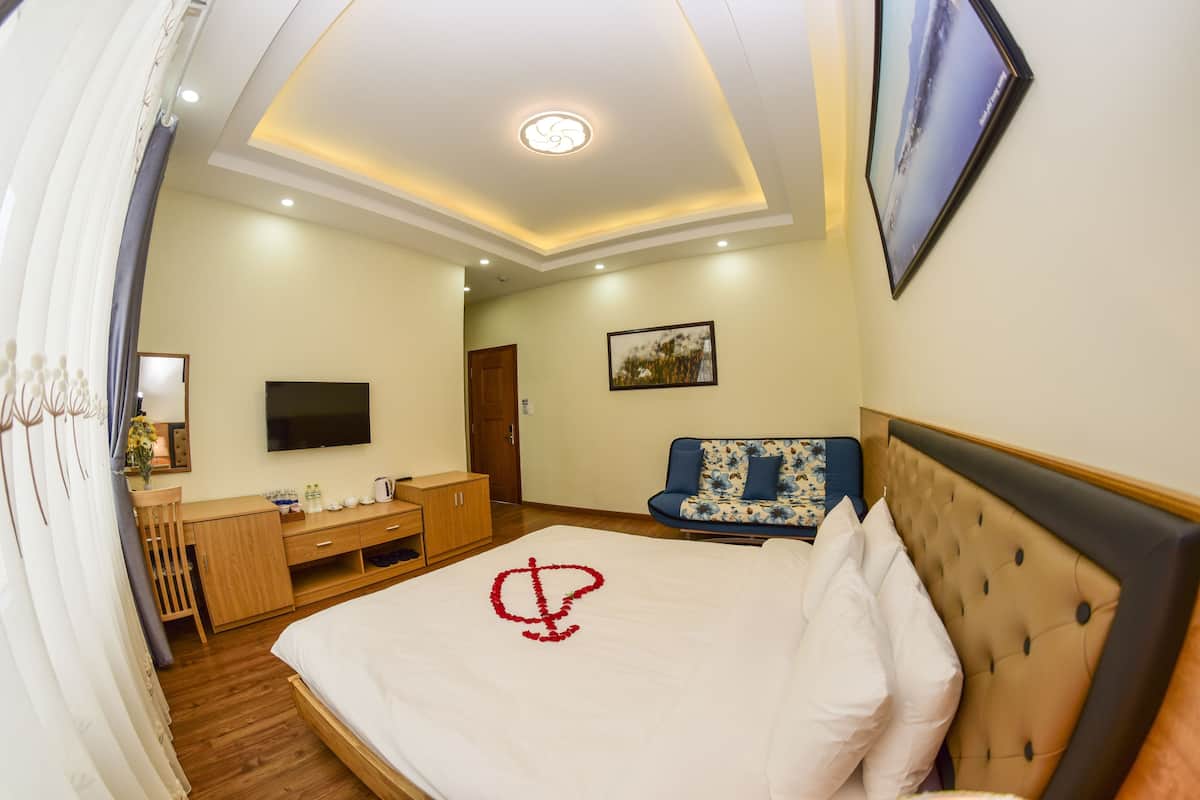 Quarto de hotel com uma cama, televisão, escrivaninha e sofá.