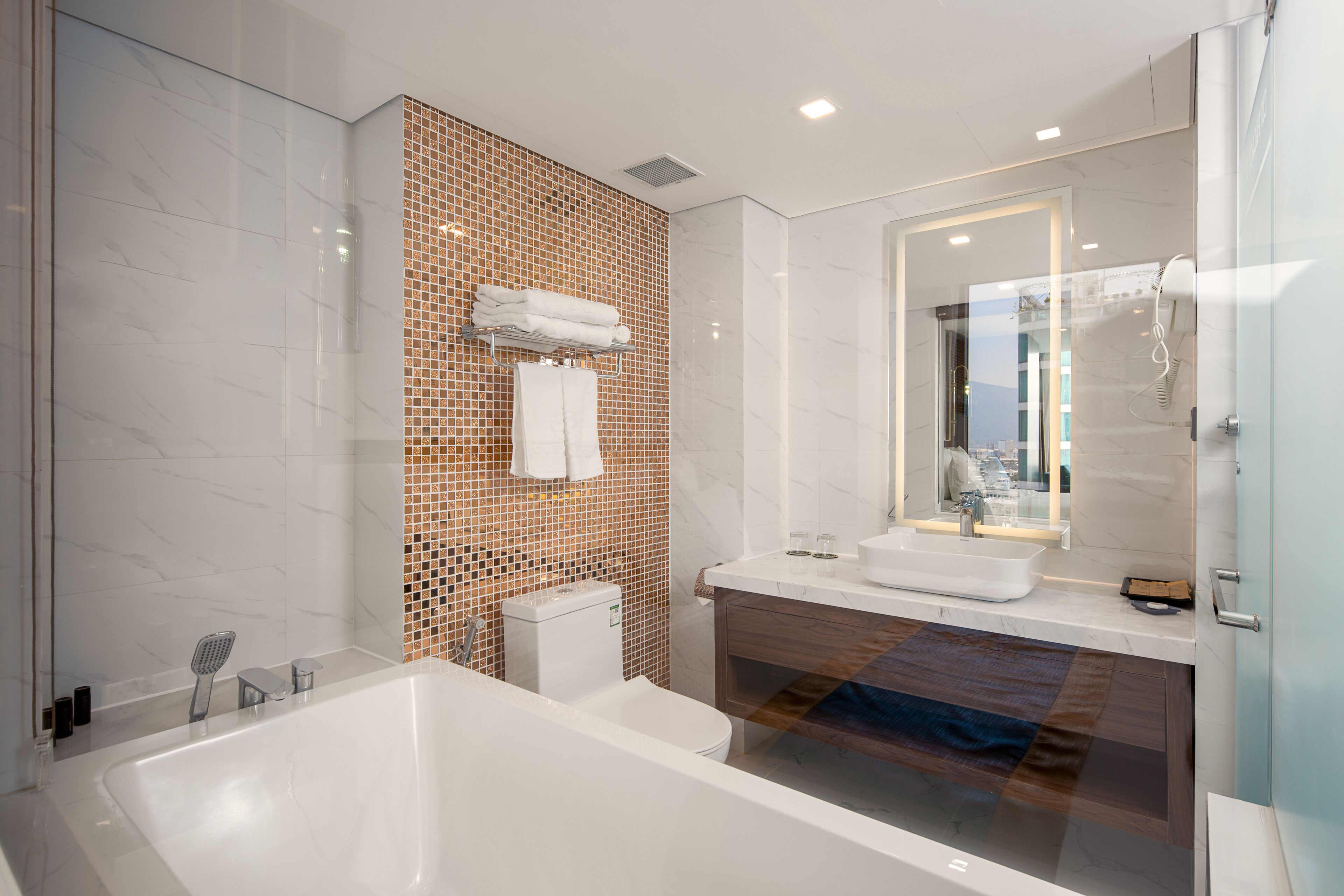 free toiletries, hair dryer, bathrobes, slippers